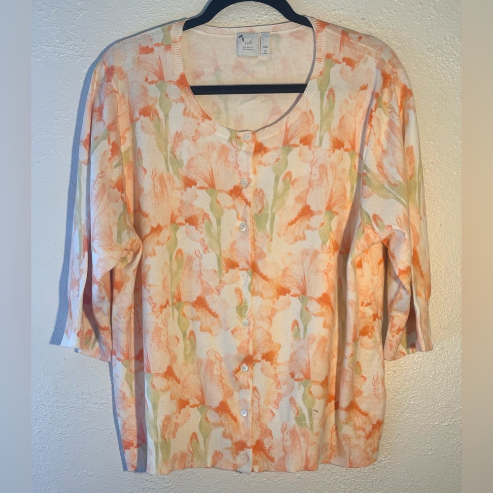 J. Jill Delight In The Details Ivory Orange Floral Cardigan Cotton Blend Size 2X